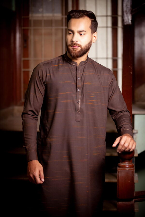 Brown Texture Shalwar Kameez Blended Wash & Wear - Image 2