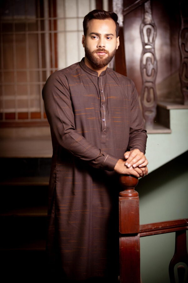 Brown Texture Shalwar Kameez Blended Wash & Wear - Image 3