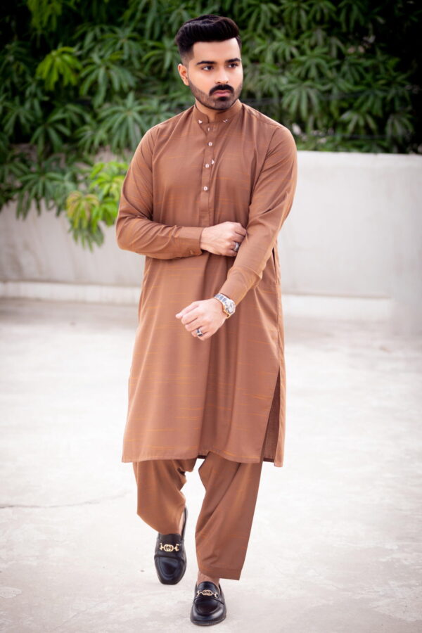 Brown Shade Texture Shalwar Kameez Blended Wash & Wear