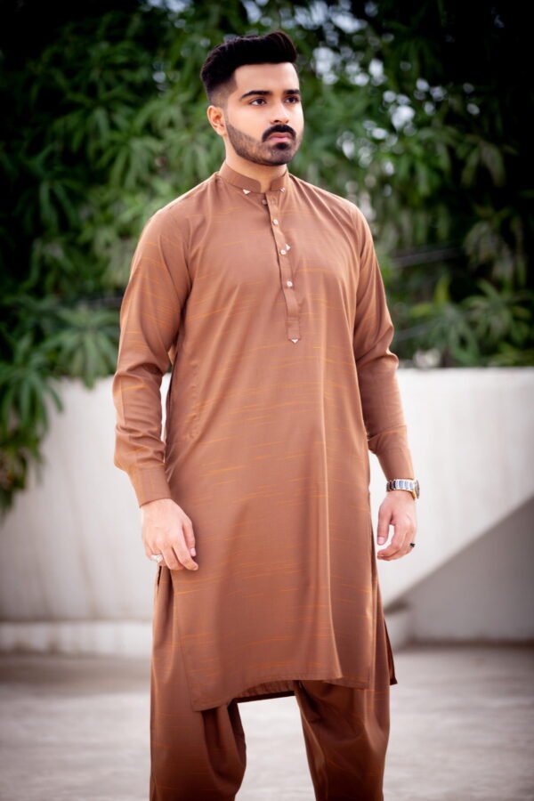 Brown Shade Texture Shalwar Kameez Blended Wash & Wear - Image 3