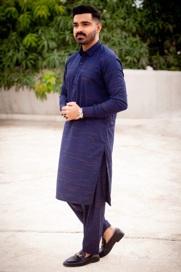 Navy Blue Texture Shalwar Kameez Blended Wash & Wear