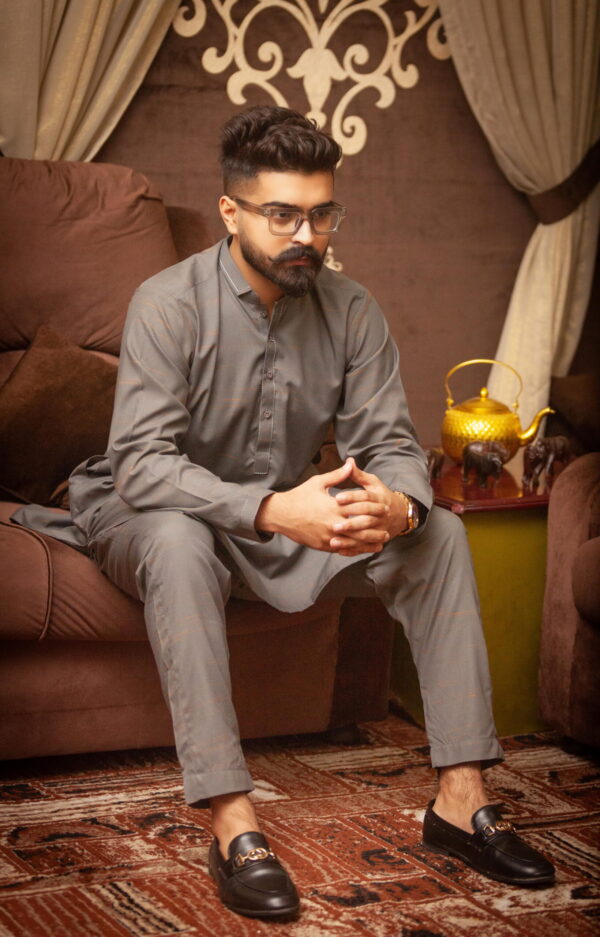Gray Kurta Pajama Blended Wash & Wear - Image 3